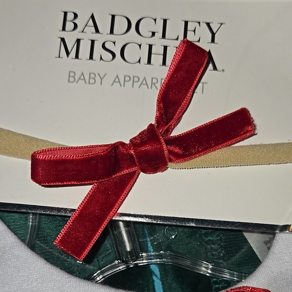 New Badgley Mischka Green Velvet Red Bow White Collar Onsie 9-12 Months - Picture 4 of 4